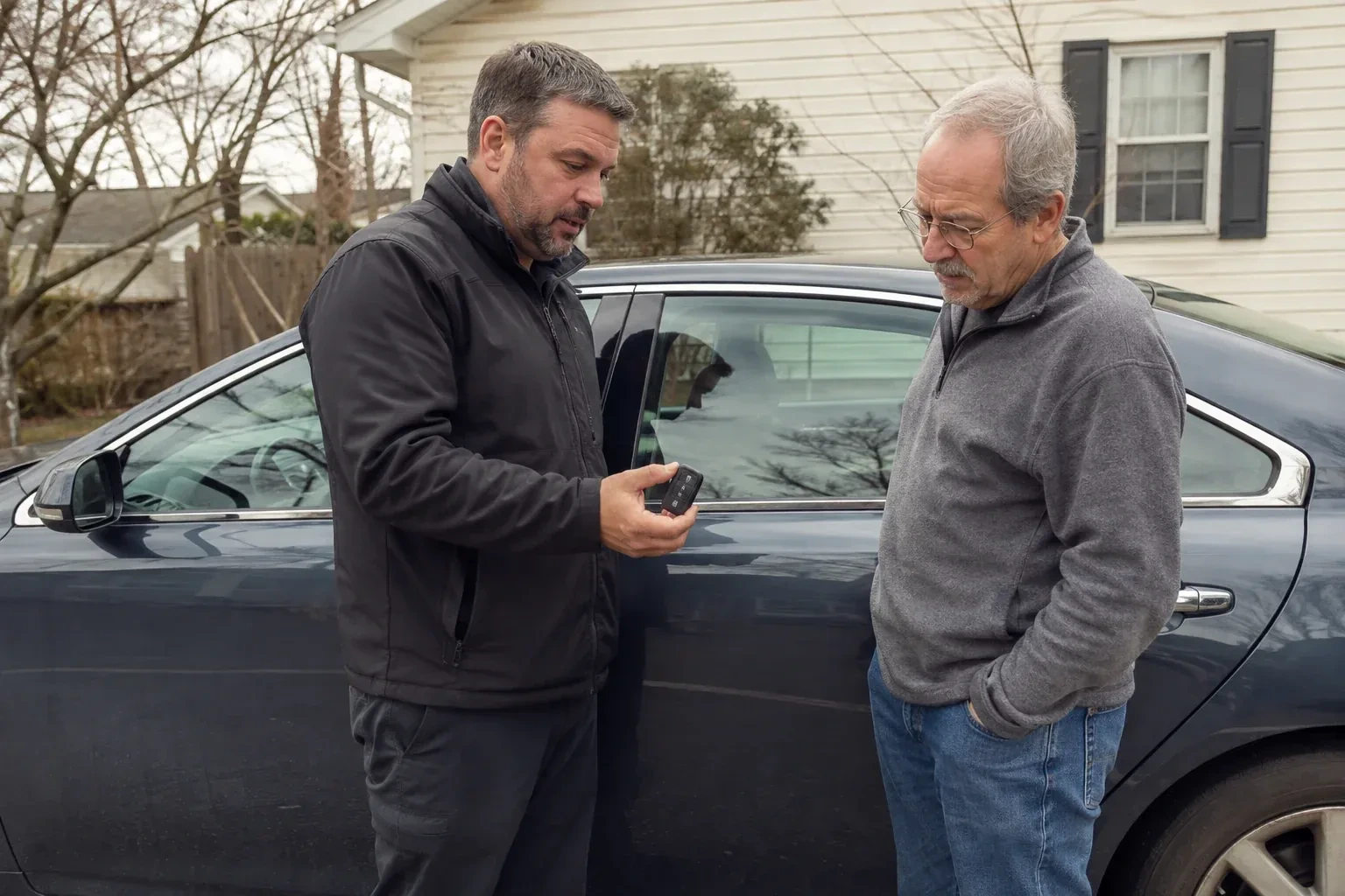 Two people beside a dark sedan, one holding up a black key fob. — Car Lockout Service, Toronto