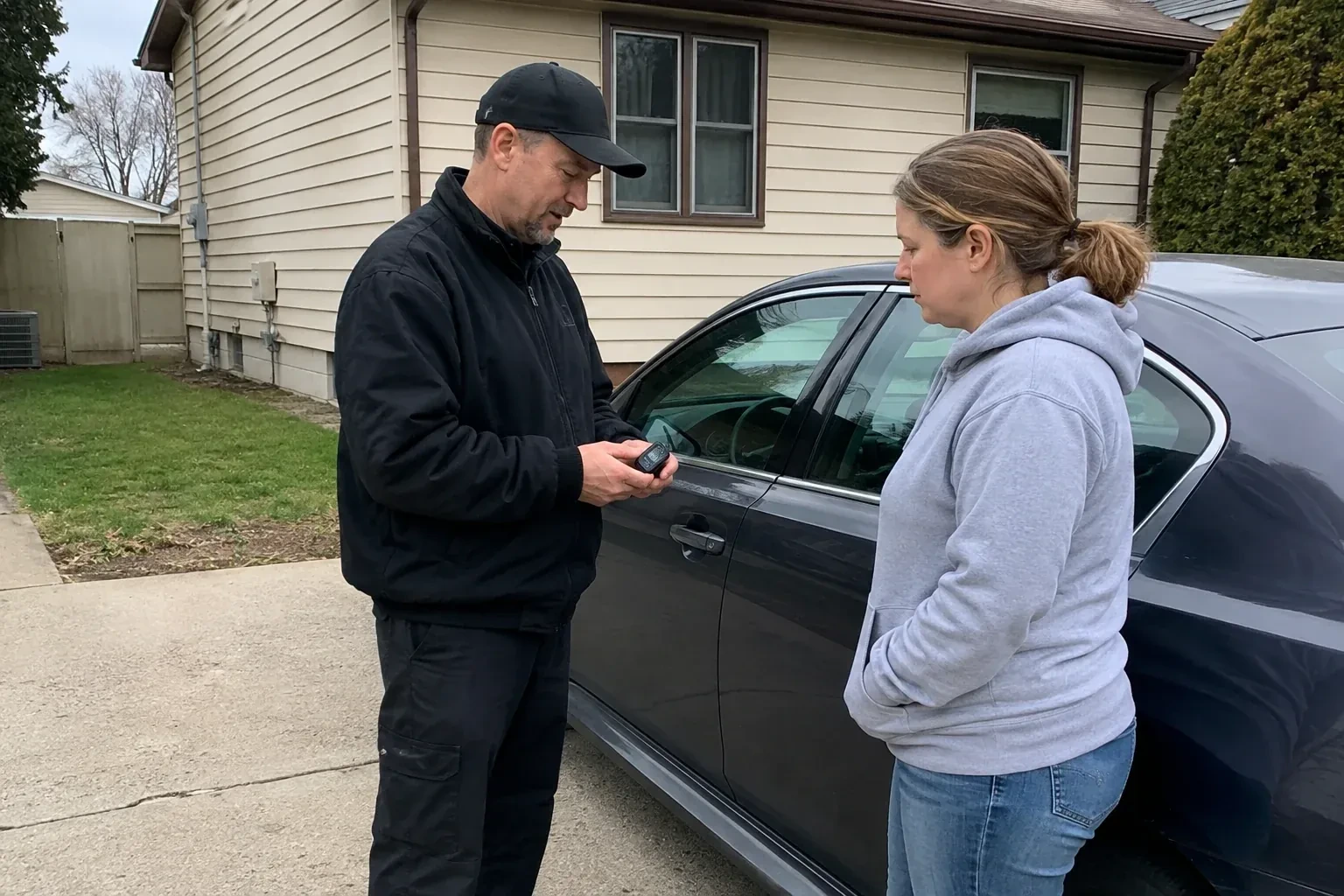 Two people standing beside a parked sedan, one wearing a cap and holding a small black device. — Vehicle Lock Repair, Toronto